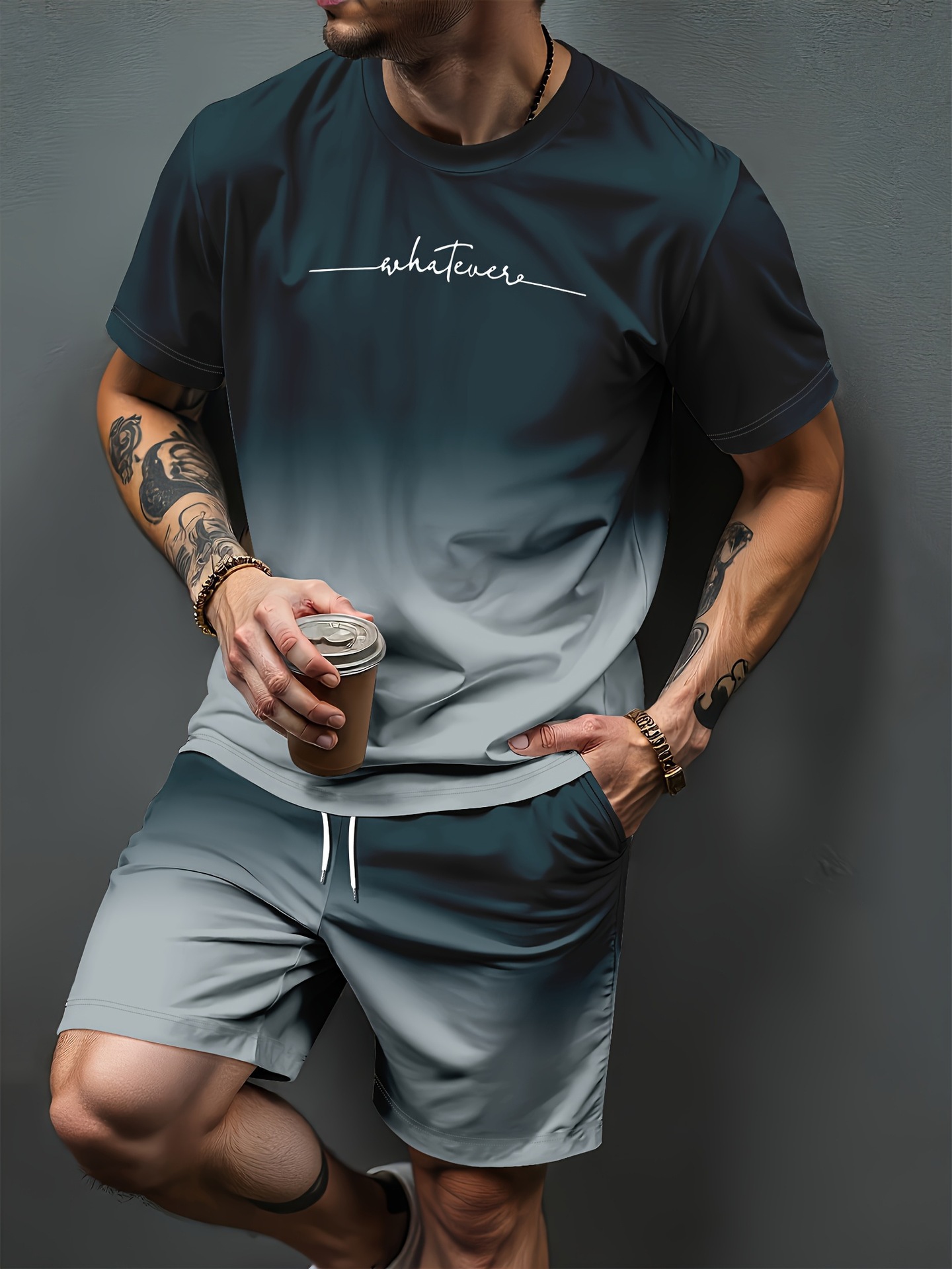 Summer Clothing For Young Men - 그라디언트 문자 패턴 3D 인쇄 운동복
