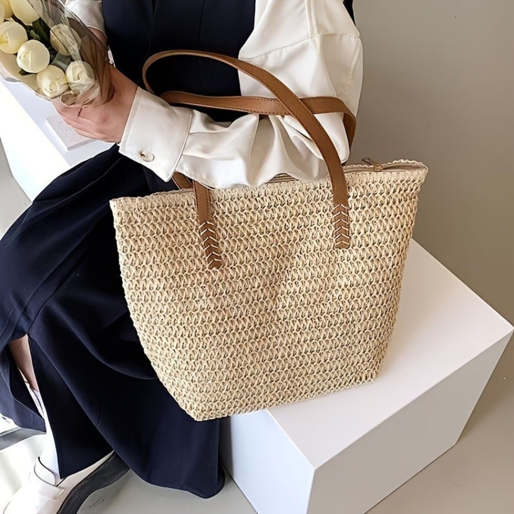 Beach Bag Straw - 패션 솔리드 컬러 위빙 스트로 토트백