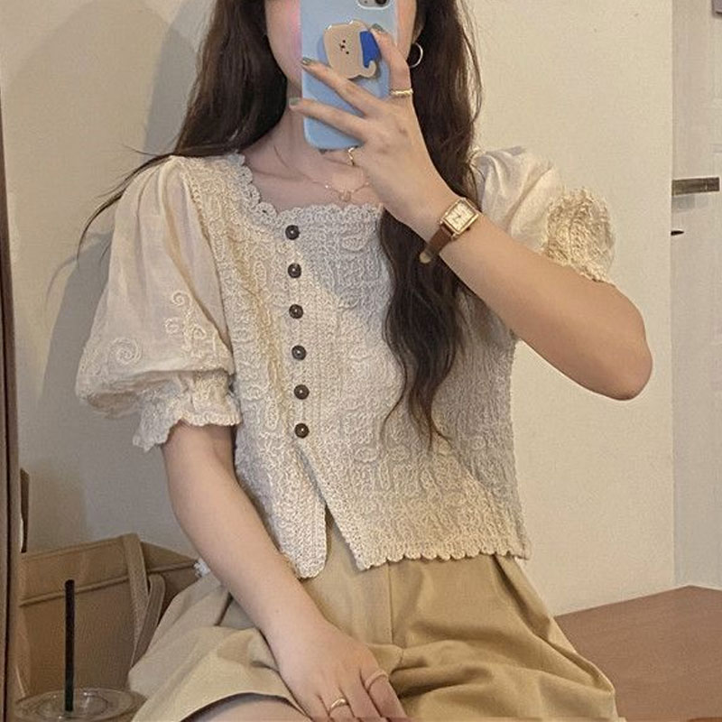 Summer Clothing In French - 프랑스 스타일 레이스 스퀘어 칼라 셔츠