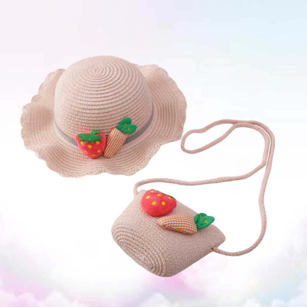 Beach Bag Straw - 어린이용 밀짚 자외선 차단 모자 핑크