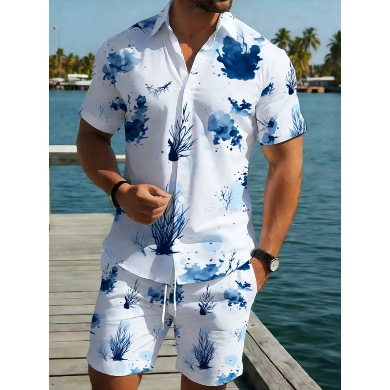 Beach Shirt Hawaiian - 남성 여름 하와이안 셔츠 반바지 세트