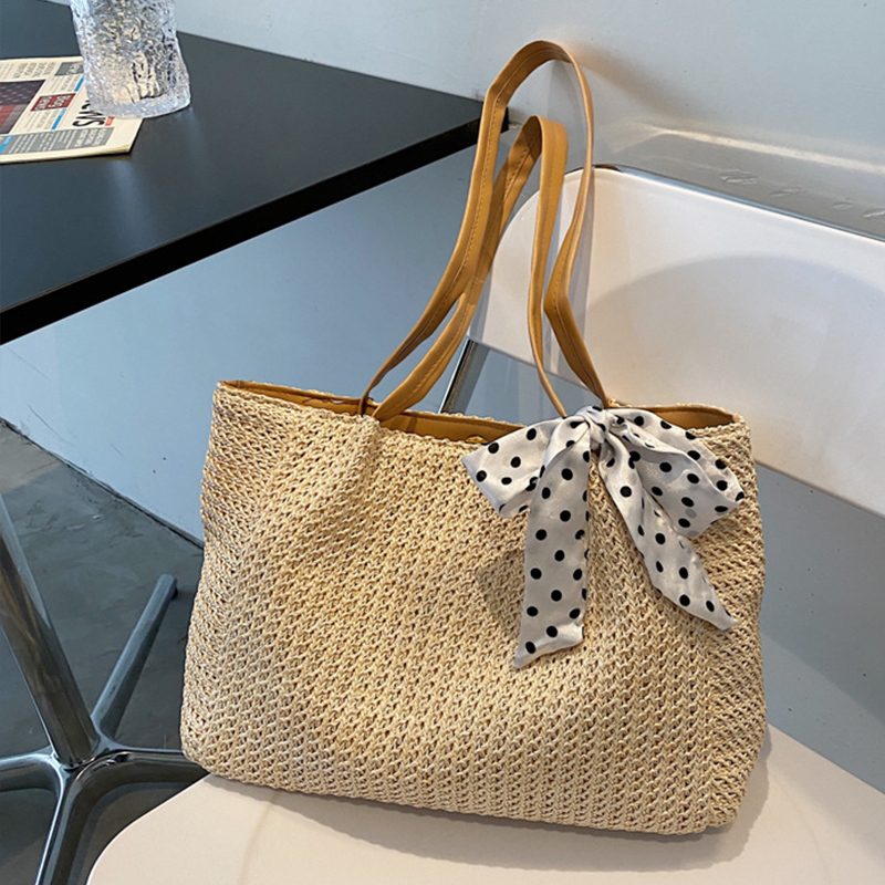 Beach Bag Straw - 여성용 여름 스카프 나비매듭 밀짚 가방,