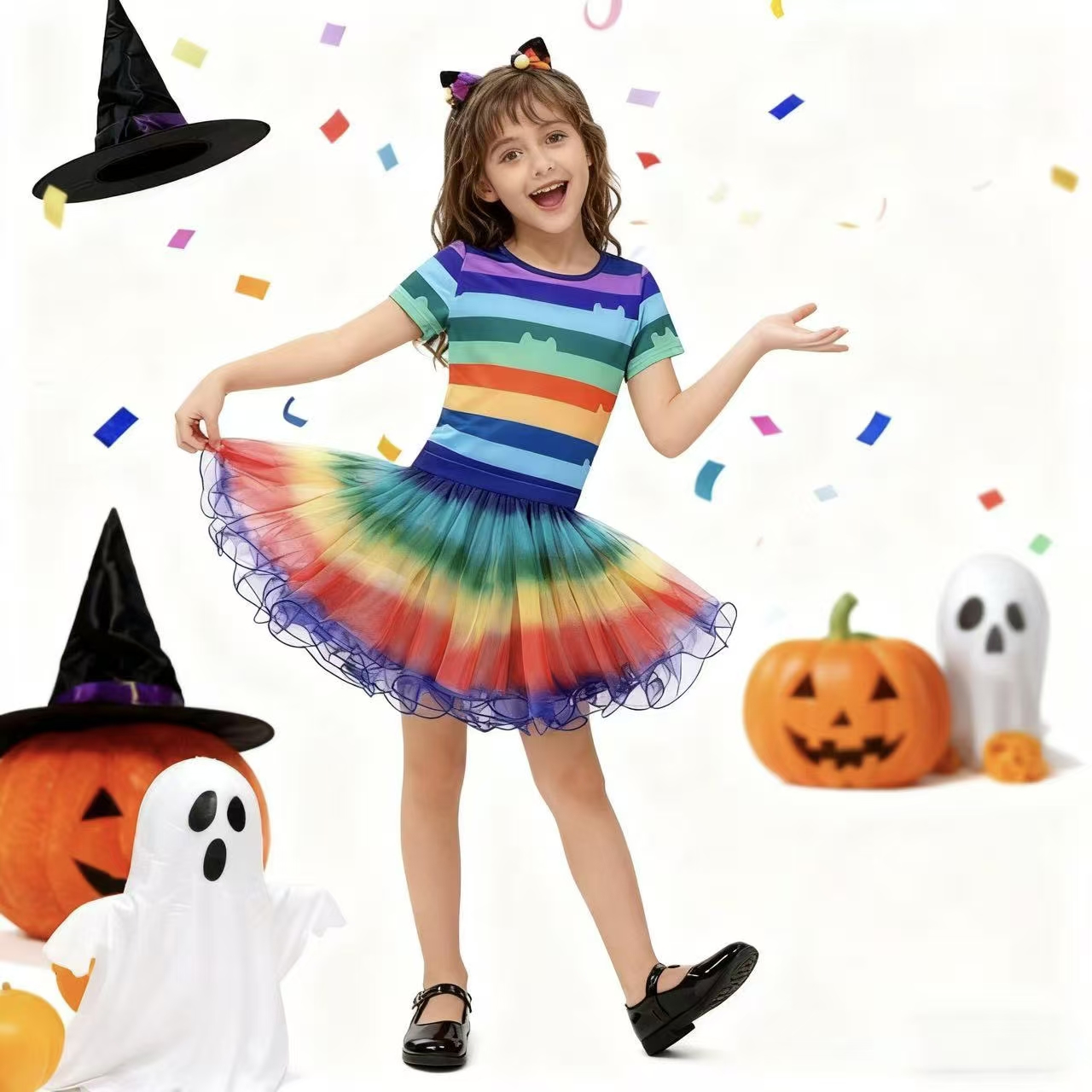 Summer Dresses Yours Clothing - 여자 무지개 줄무늬 티셔츠 투투 스커트