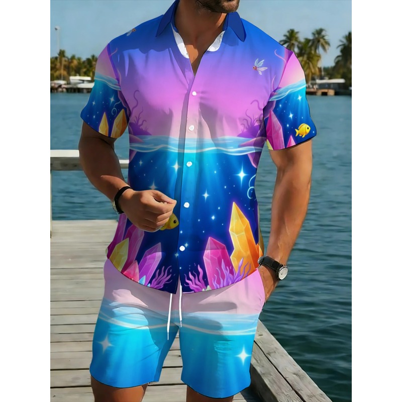 Beach Shirt Hawaiian - 남성용 폴리에스터 하와이안 셔츠와 반바지 세트,