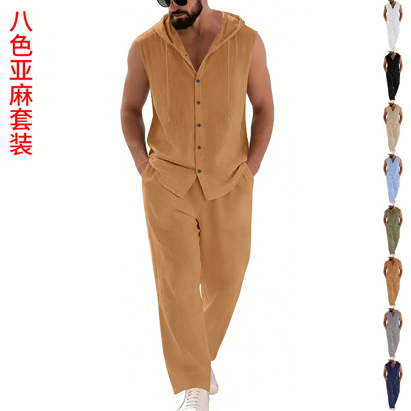 Summer Clothing Usa - 남성 캐주얼 린넨 수트 후드 스웨터
