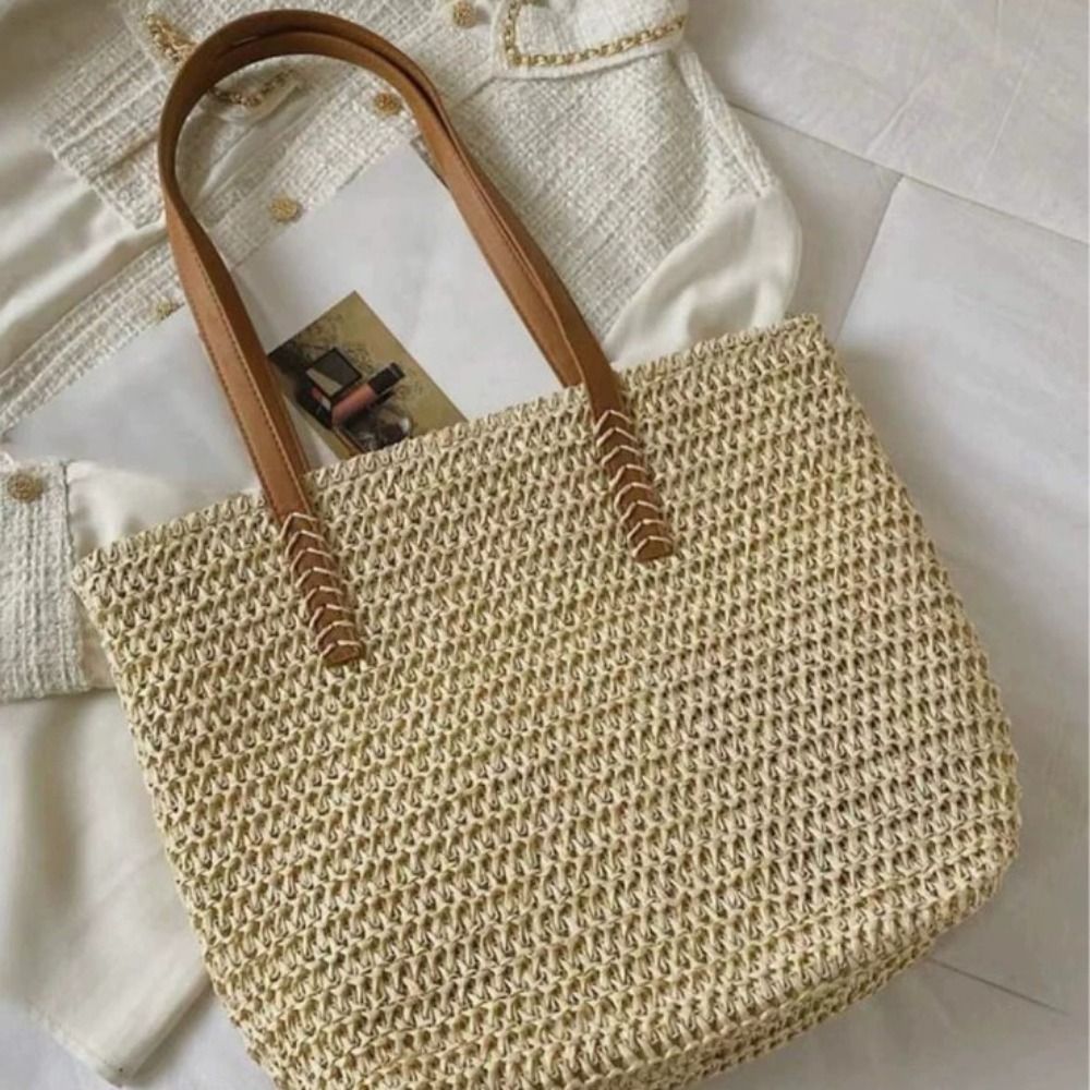 Beach Bag Straw - 귀여운 단색 직조 밀짚 토트백 사각형