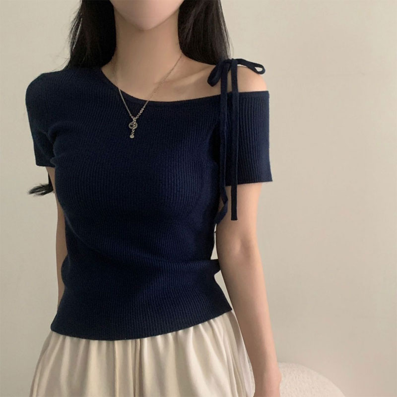 Summer Clothing In French - 여성 의류 스큐 칼라 풀오버 세련된