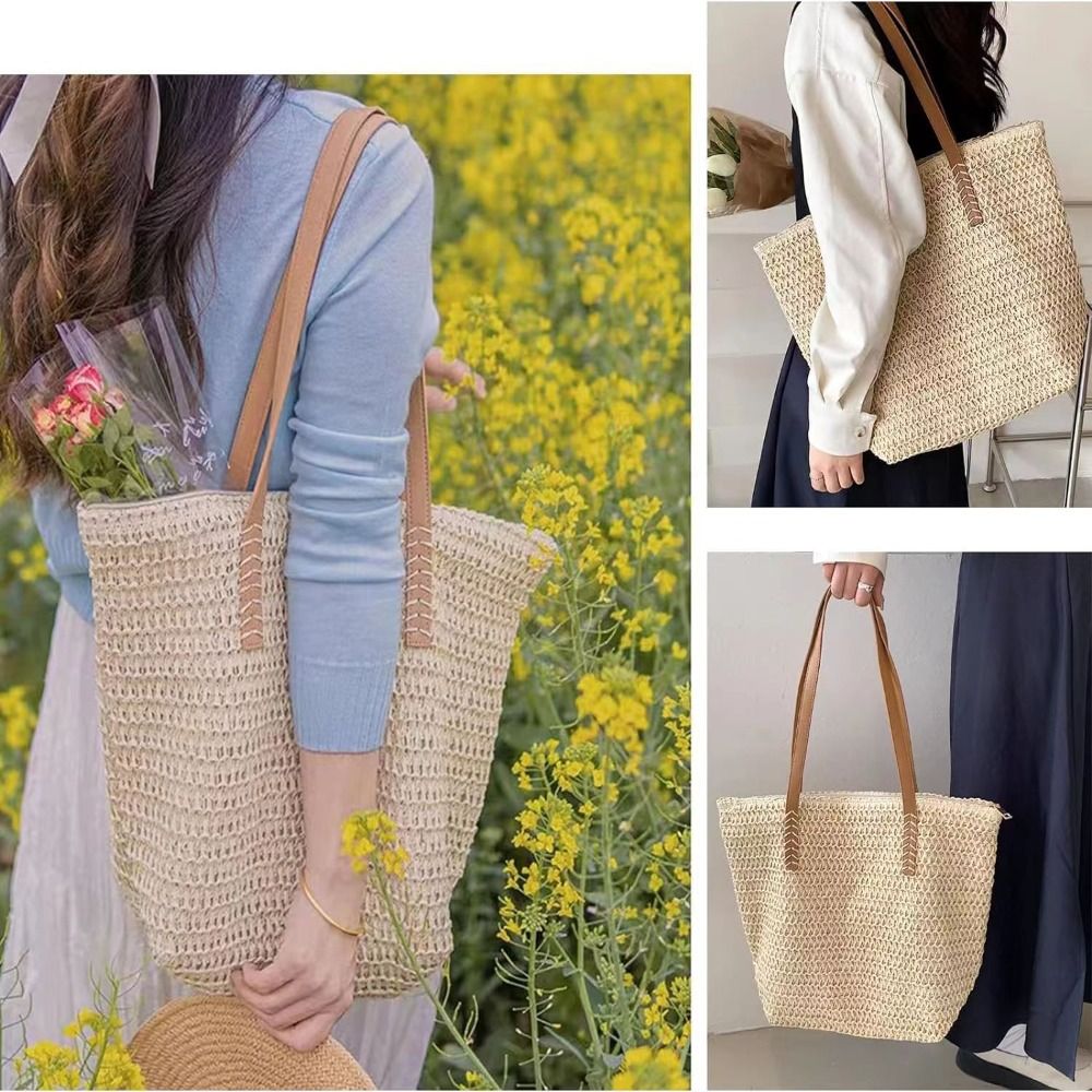 패션 솔리드 컬러 위빙 스트로 토트백 사각 지퍼 비치  - Beach Bag Straw 리뷰 및 가격