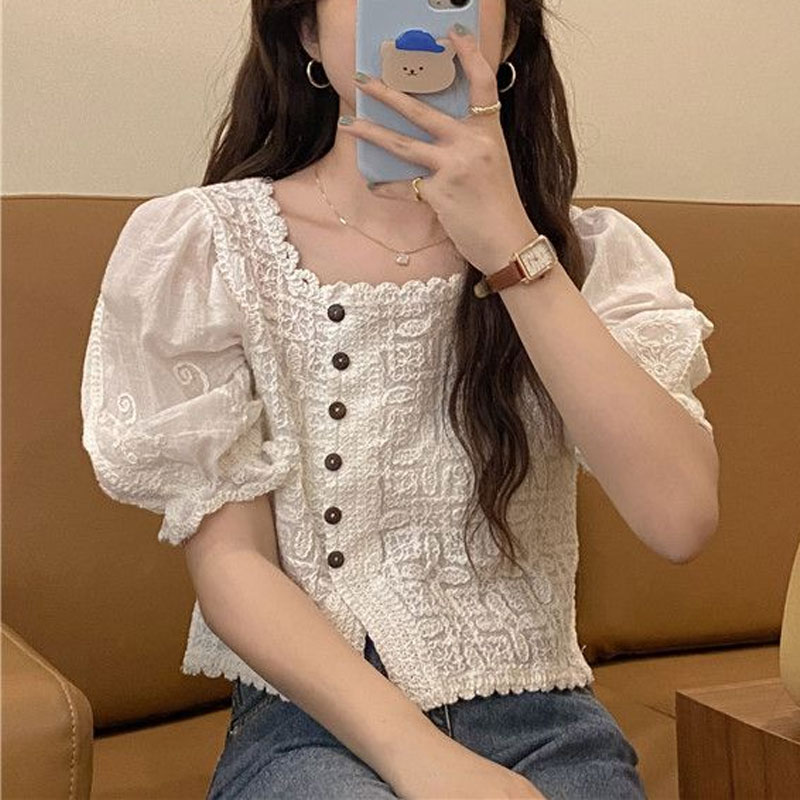 프랑스 스타일 레이스 스퀘어 칼라 셔츠 여름 새로운 퍼 - Summer Clothing In French 리뷰 및 가격