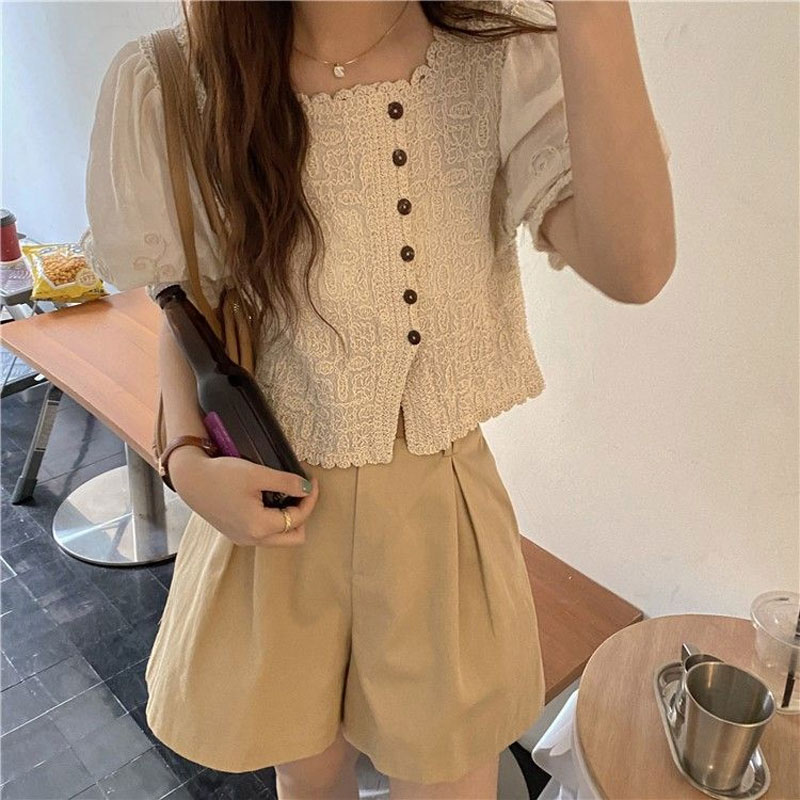 프랑스 스타일 레이스 스퀘어 칼라 셔츠 여름 새로운 퍼 - Summer Clothing In French 리뷰 및 가격