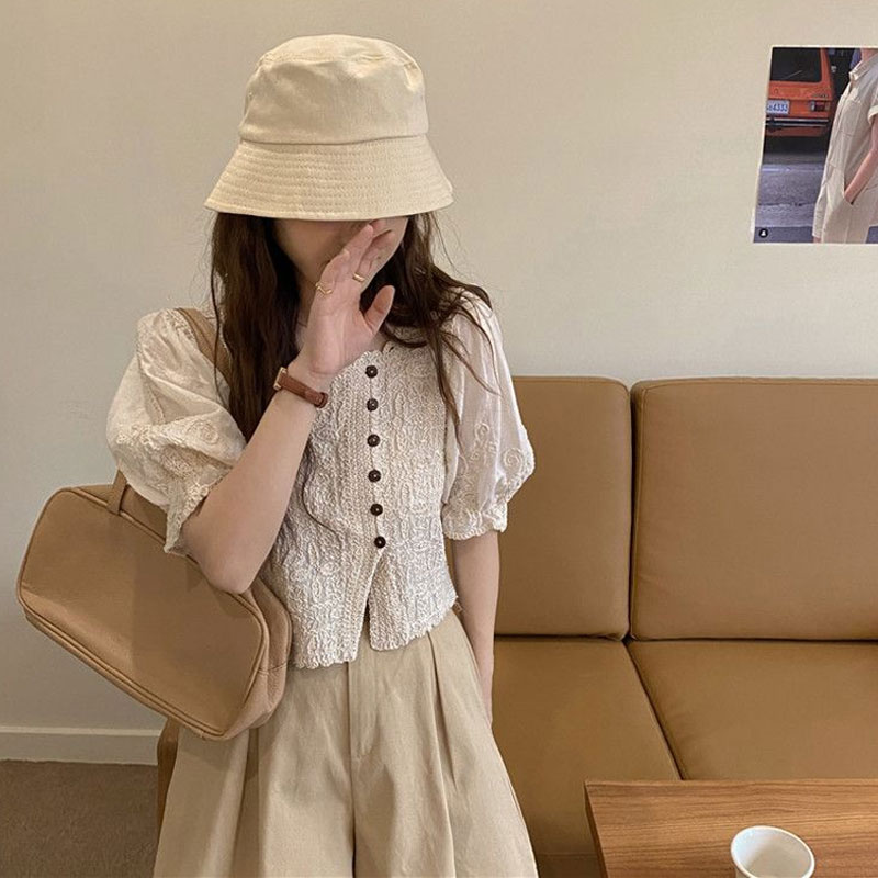프랑스 스타일 레이스 스퀘어 칼라 셔츠 여름 새로운 퍼 - Summer Clothing In French 리뷰 및 가격