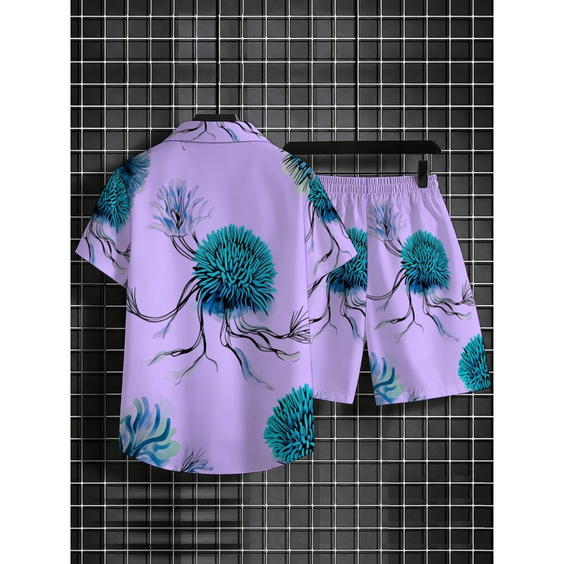 남성 하와이안 셔츠 반바지 세트, 퍼플 베이스 블루 플 - Beach Shirt Hawaiian 리뷰 및 가격