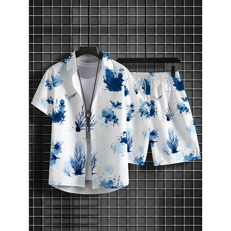 남성 여름 하와이안 셔츠 반바지 세트 블루 플로럴 경량 - Beach Shirt Hawaiian 리뷰 및 가격