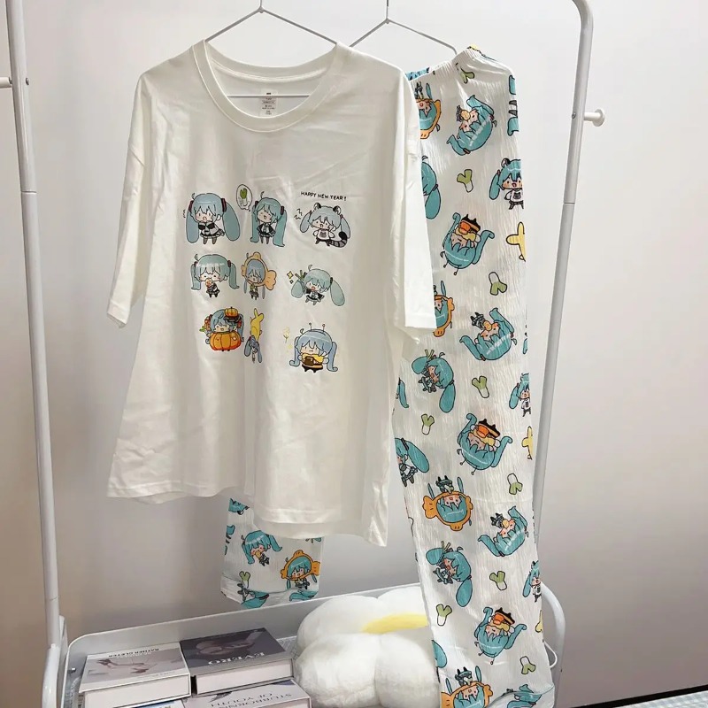 새로운 하츠네 미쿠 잠옷 여름 순면 라운드 넥 반바지  - Japan Summer Festival Clothing 리뷰 및 가격