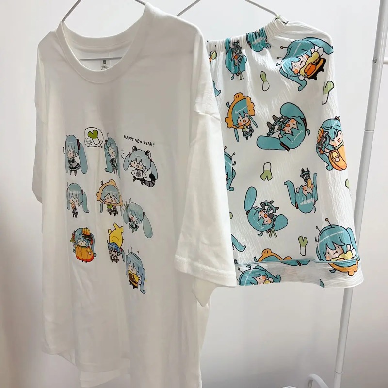 새로운 하츠네 미쿠 잠옷 여름 순면 라운드 넥 반바지  - Japan Summer Festival Clothing 리뷰 및 가격