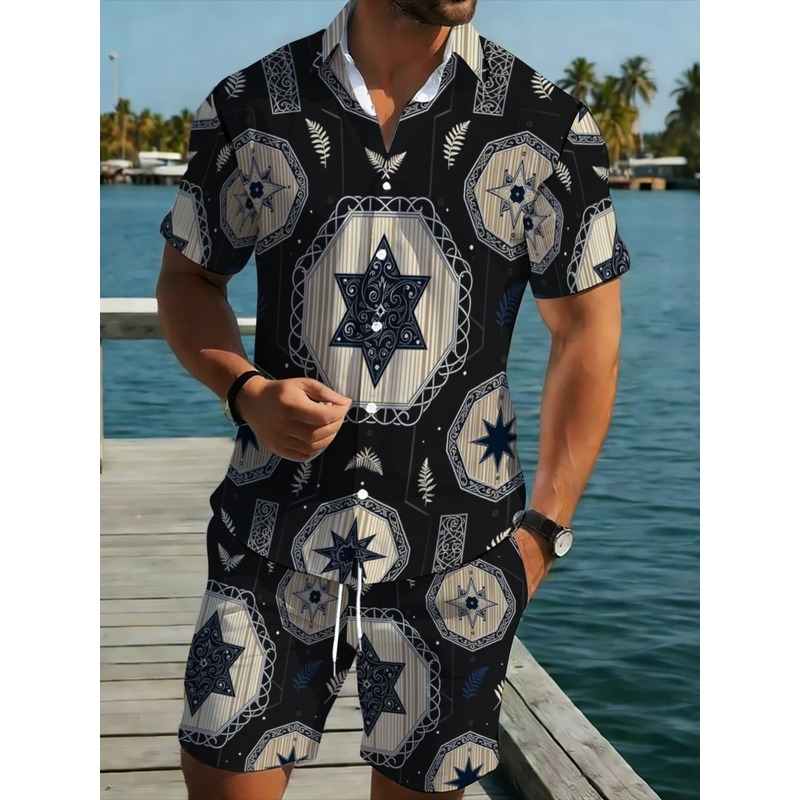 스타 패턴 남성용 투피스 셔츠 및 반바지 세트 블랙 하 - Beach Shirt Hawaiian 리뷰 및 가격