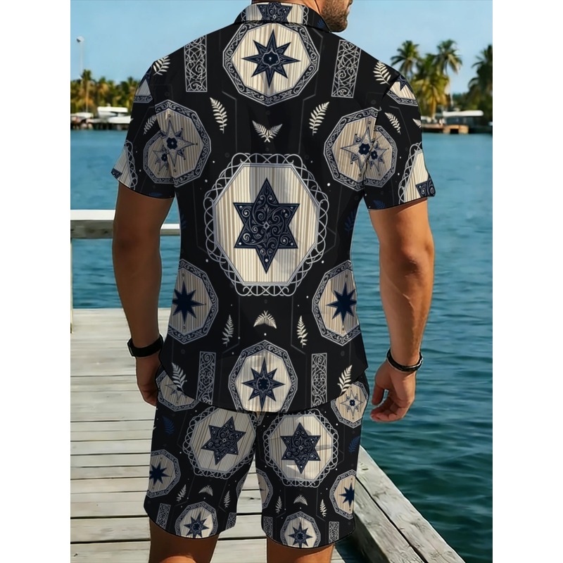 스타 패턴 남성용 투피스 셔츠 및 반바지 세트 블랙 하 - Beach Shirt Hawaiian 리뷰 및 가격