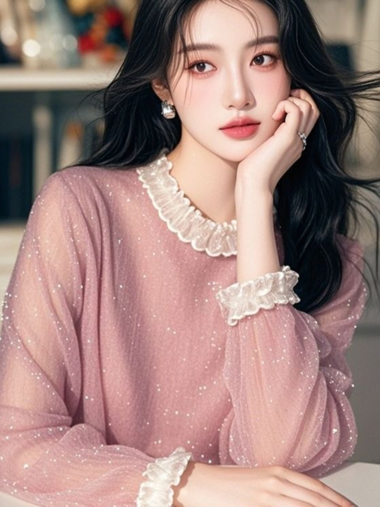 프랑스풍 스윗 블라우스 러플 패치워크 스탠드 넥 긴팔  - Summer Clothing In French 리뷰 및 가격