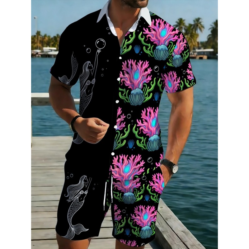남성용 폴리에스터 하와이안 셔츠 & 반바지 세트, 산호 - Beach Shirt Hawaiian 리뷰 및 가격