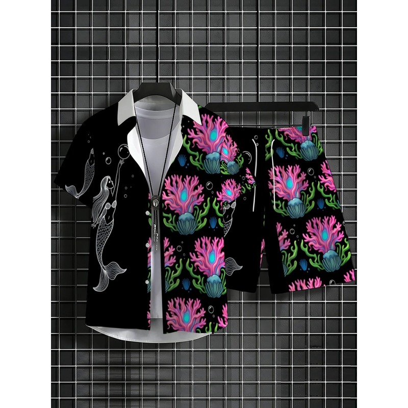 남성용 폴리에스터 하와이안 셔츠 & 반바지 세트, 산호 - Beach Shirt Hawaiian 리뷰 및 가격