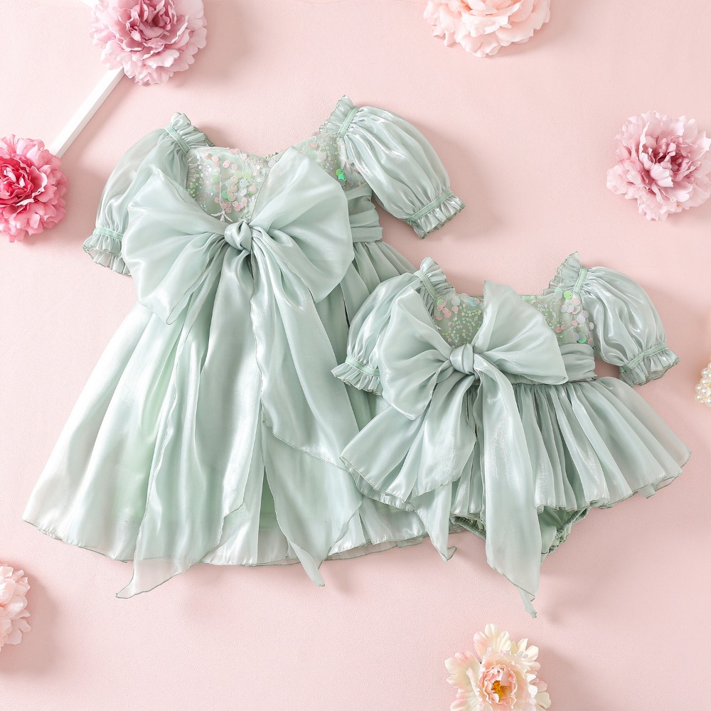 여름 소녀 자매 매칭 의상 퍼프 짧은 소매 리본 바디수 - Summer Dresses Yours Clothing 리뷰 및 가격