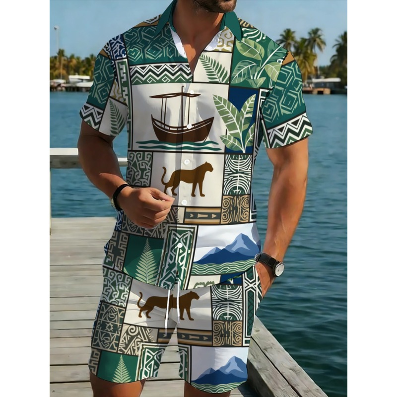 캐주얼 남성 투피스 의상 보트 동물 프린트 하와이안 셔 - Beach Shirt Hawaiian 리뷰 및 가격